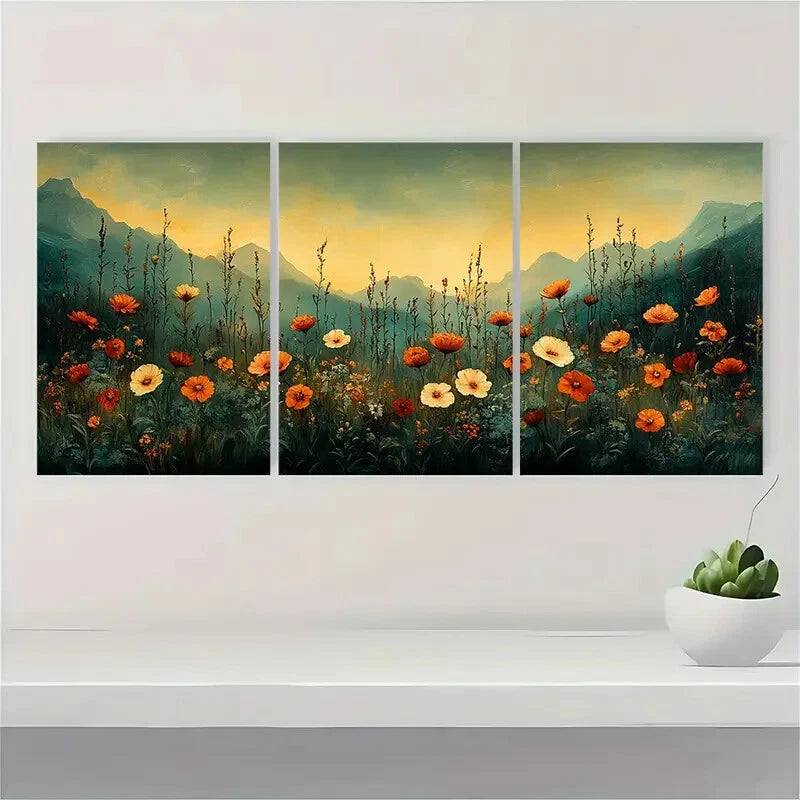 3pcs Vintage Wildflower Dark Green Floral Metal Print Ready to Hang Art