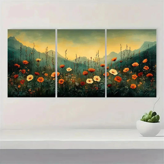 3pcs Vintage Wildflower Dark Green Floral Metal Print Ready to Hang Art