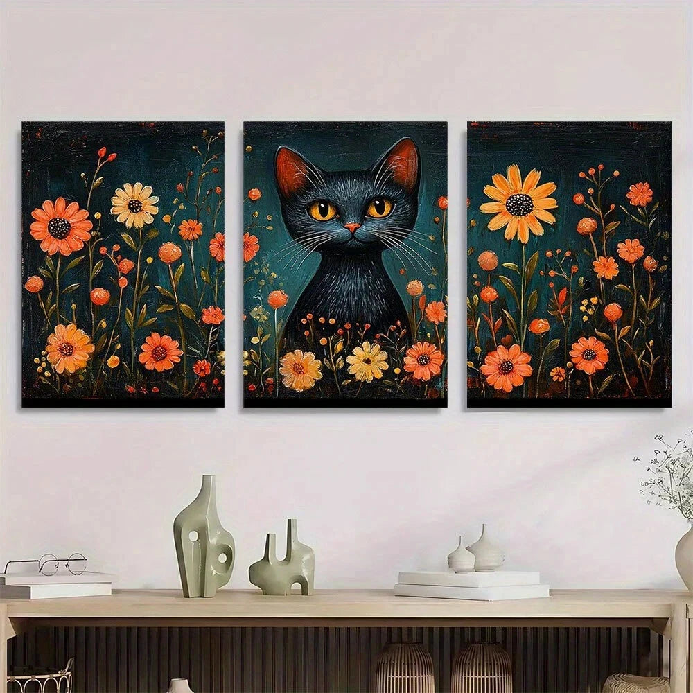 3pcs Vibrant Flowers & Cats Scandinavian Folk Metal Print Ready to Hang Art