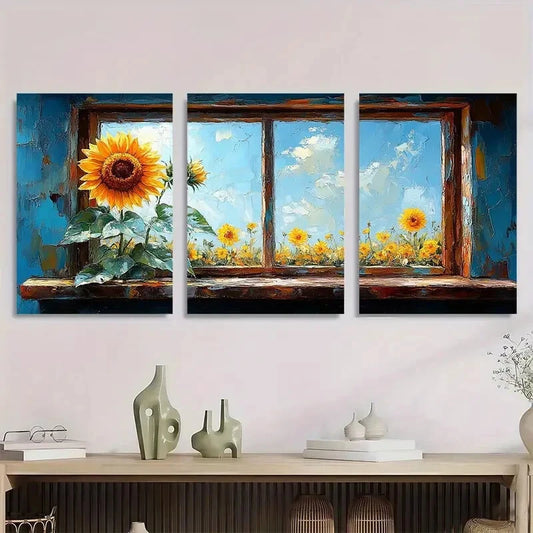 3pcs Vibrant Yellow Sunflowers in Blue Window Metal Print Ready to Hang Art