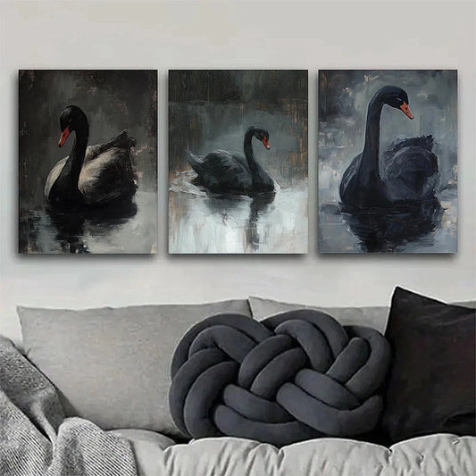 3pcs Modern Black Swan Vintage Style Metal Print Ready to Hang Art
