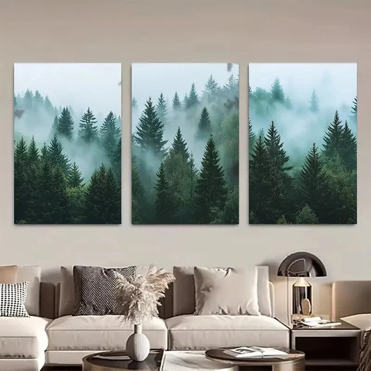 3pcs Foggy Mountains Misty Pine Scenic Forest Metal Print Ready to Hang Art