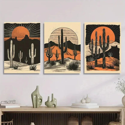 3pcs Desert Cactus Sunset Metal Print Ready to Hang Art