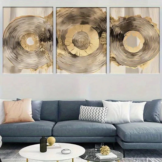 3pcs Abstract Design of Golden And Silver Circles Metal Print Ready to Hang Art