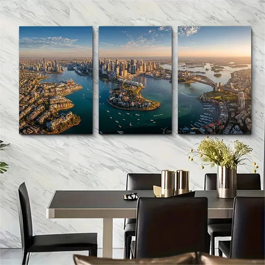 3pcs Aerial Sydney Skyline Harbour View Wall Art Set Canvas Framed 40x60cm - High Quality Print 100% Australian Made Wall Canvas Ready to Hang