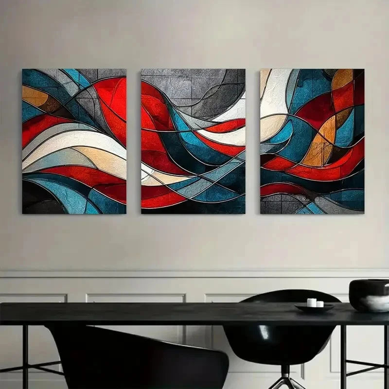 3pcs Abstract Red White and Blue Flowing Shapes Metal Print Ready to Hang Art