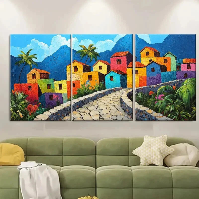 3pcs Colorful Stone Path & Lush Greenery Metal Print Ready to Hang Art