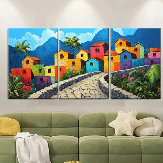 3pcs Colorful Stone Path & Lush Greenery Metal Print Ready to Hang Art
