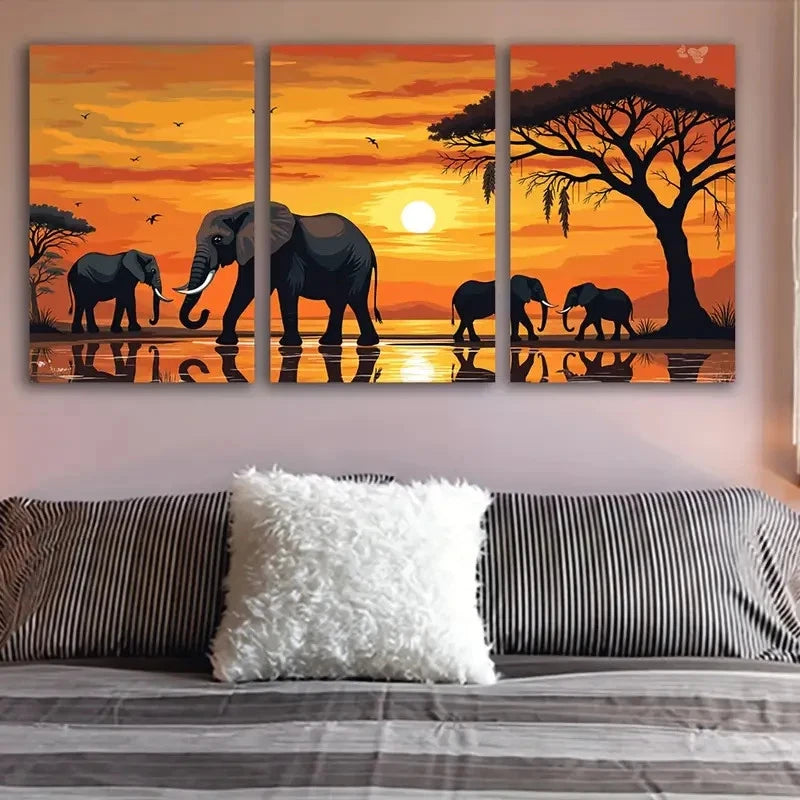 3pcs Elephants Acacia Trees & Golden Sky Metal Print Ready to Hang Art