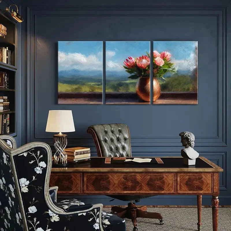 3pcs Floral Arrangement Copper Vase Landscape Metal Print Ready to Hang Art