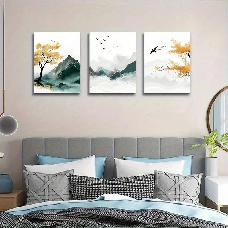 3pcs Serene Nature Scene with Yellow-Green Trees Metal Print Ready to Hang Art