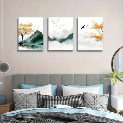 3pcs Serene Nature Scene with Yellow-Green Trees Metal Print Ready to Hang Art