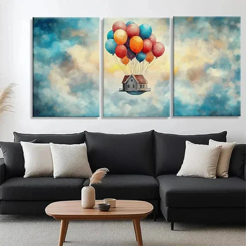 3pcs Floating House Colorful Balloon Perfec Wall Art Set Canvas Unframed - High Quality Print 100% Australian Made Wall Canvas