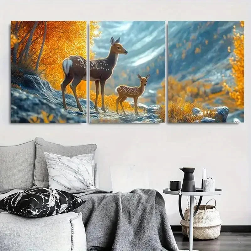 3pcs Deer Family in Autumn Forest Metal Print Ready to Hang Art