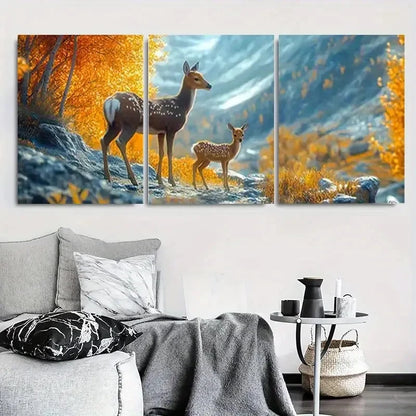 3pcs Deer Family in Autumn Forest Metal Print Ready to Hang Art