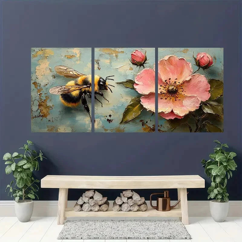 3pcs Vibrant Bee and Pink Rose Floral Art Set Metal Print Ready to Hang Art