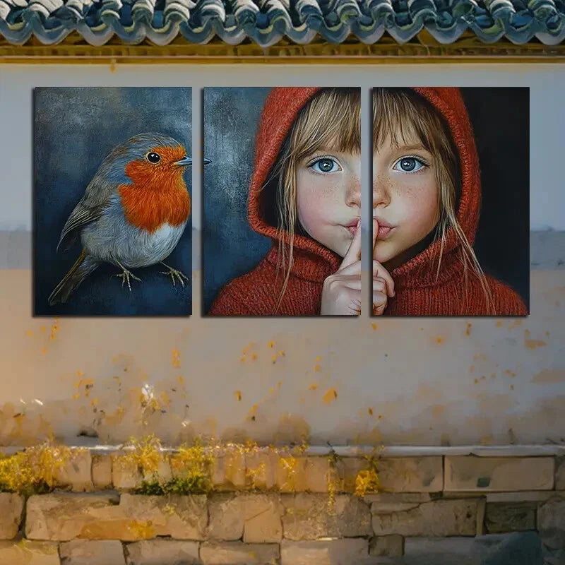3pcs Girl in Red And The Bird Metal Print Ready to Hang Art