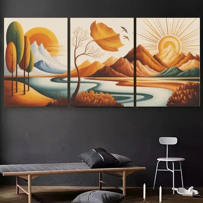 3pcs Abstract Trees Mountains Sun Metal Print Ready to Hang Art