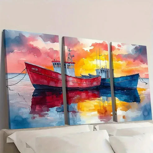 3pcs Marina Painting Sailboat Watercolor Fish E Wall Art Set Canvas Unframed - High Quality Print 100% Australian Made Wall Canvas - Bella Home Decor
