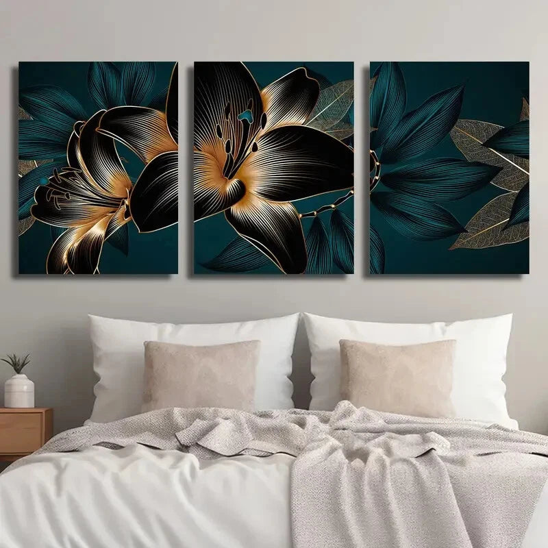 3pcs Abstract Botanical Flower Pattern Black Metal Print Ready to Hang Art