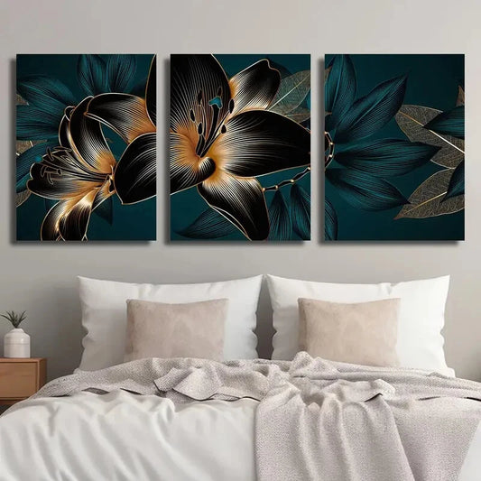 3pcs Abstract Botanical Flower Pattern Black Metal Print Ready to Hang Art