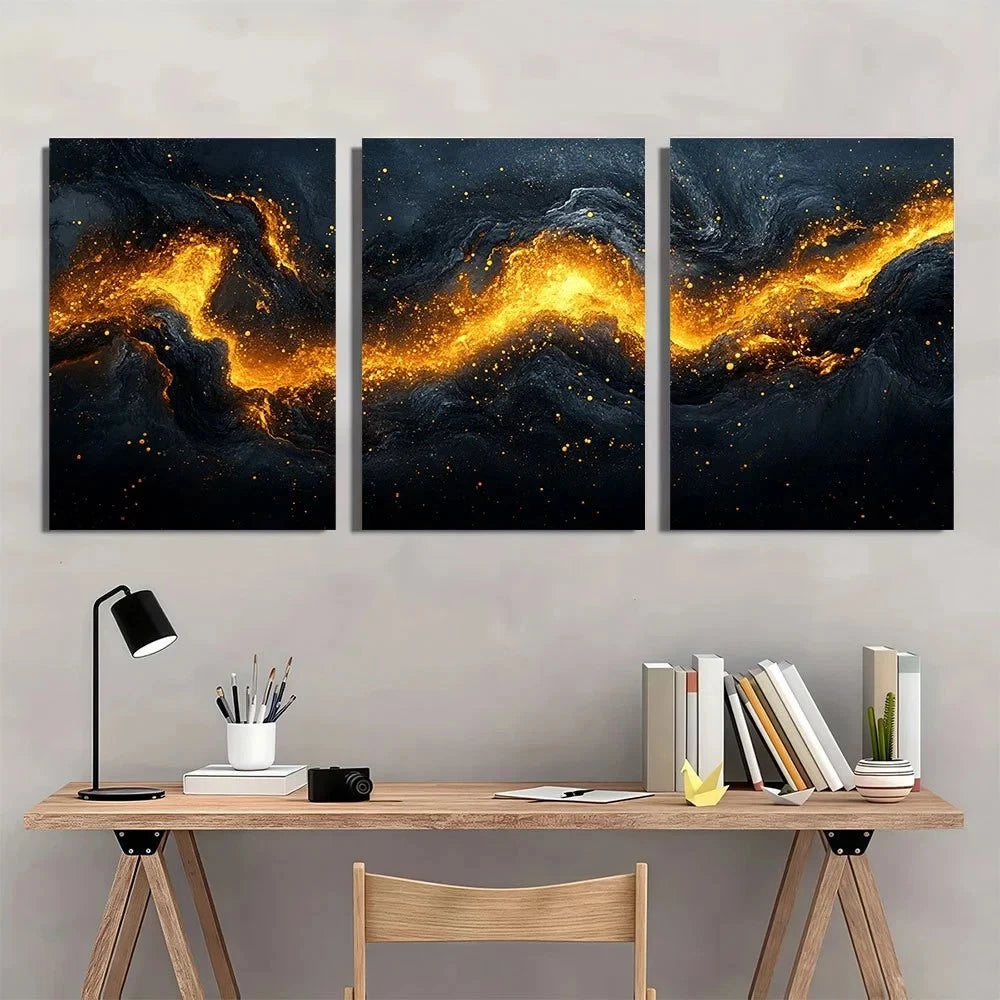 3pcs Black and Golden Abstract Metal Print Ready to Hang Art