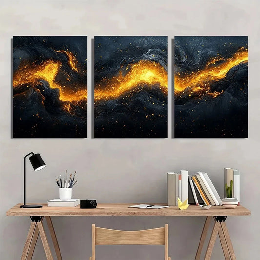 3pcs Black and Golden Abstract Metal Print Ready to Hang Art