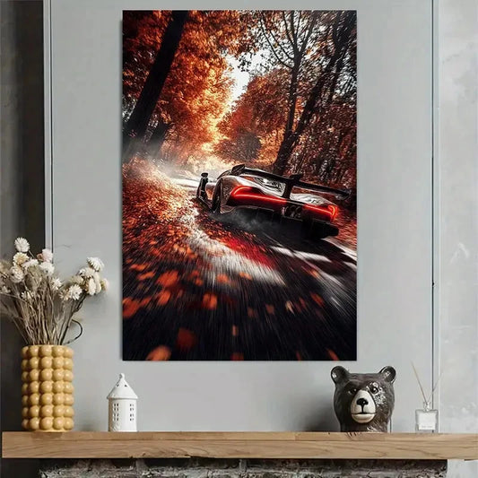 Autumn Maple Road Super Car Racing Scene Art Poster 40x60cm Metal Print Ready to Hang