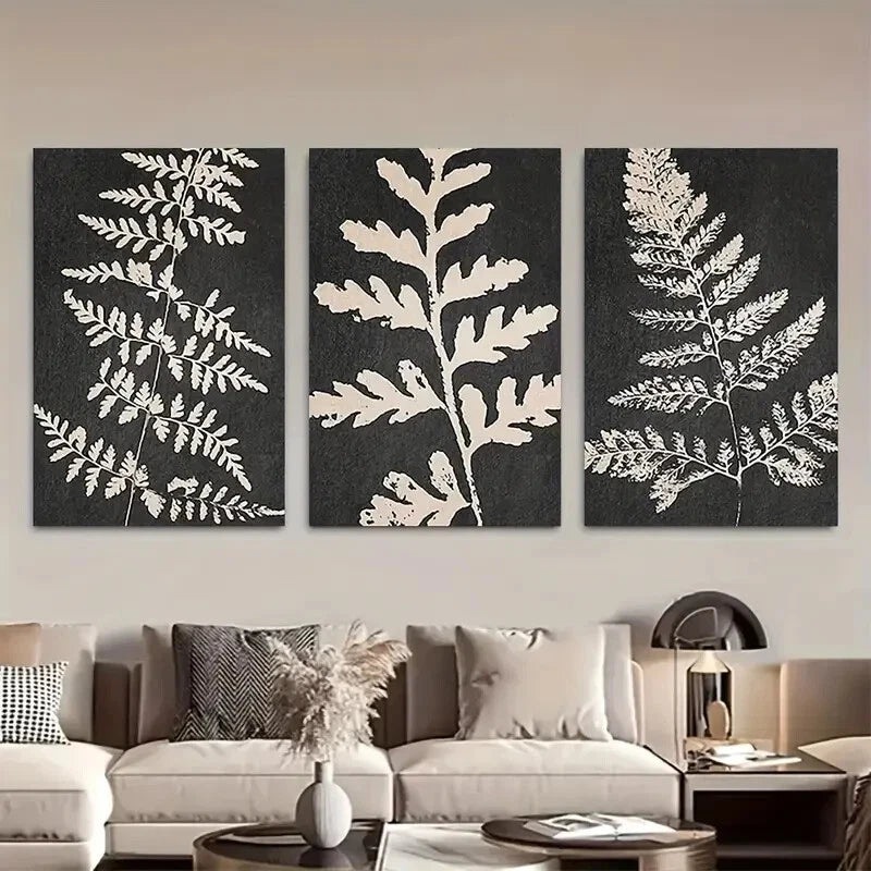 3pcs Black Tan Fern Leaf Botanical Illustrations Metal Print Ready to Hang Art