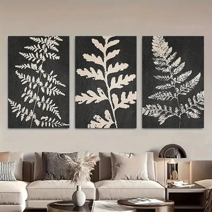 3pcs Black Tan Fern Leaf Botanical Illustrations Metal Print Ready to Hang Art