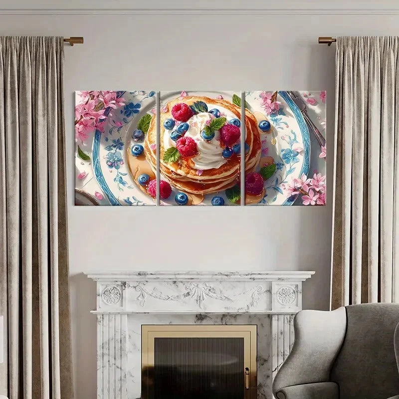 3pcs Elegant Pancake Breakfast with Whipped Cream Metal Print Ready to Hang Art