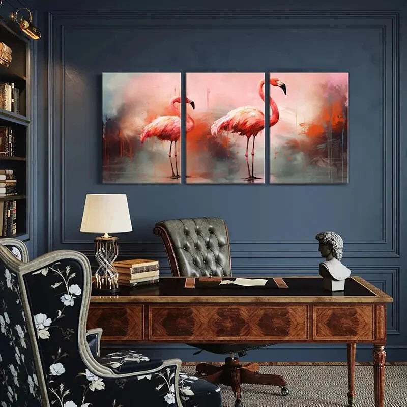 3pcs Artistic Flamingo Decor Abstract Painting Metal Print Ready to Hang Art