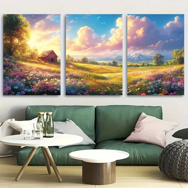 3pcs Flower Fields Quaint Farmhouse and Mountain Metal Print Ready to Hang Art