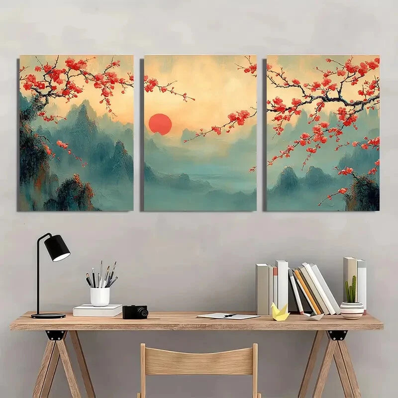 3pcs Traditional Vibrant Chinese Plum Blossom Metal Print Ready to Hang Art