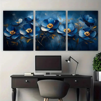 3pcs Blue Style Abstract Flowers Design Metal Print Ready to Hang Art