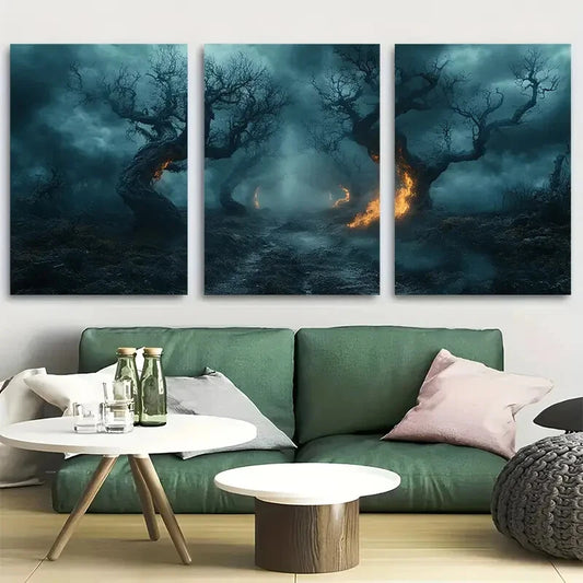 3pcs Winding Path Through Dark Forest Metal Print Ready to Hang Art