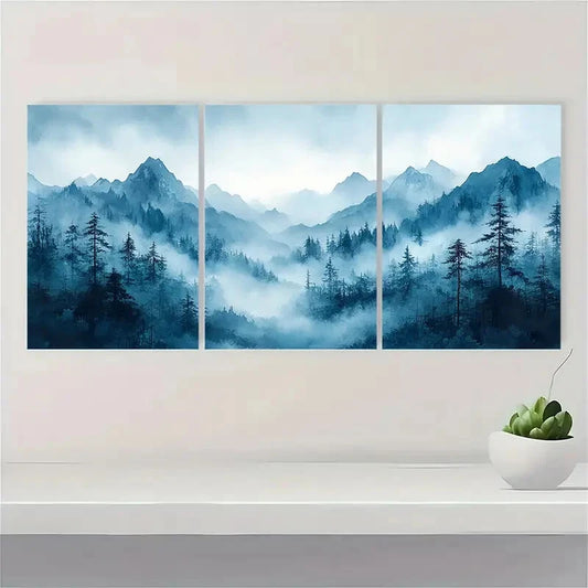 3pcs Misty Mountain Ink Watercolor Painting Metal Print Ready to Hang Art