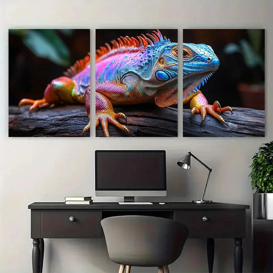 3pcs Vibrant Iguana Photography on Dark Wood Metal Print Ready to Hang Art