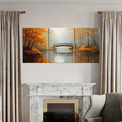 3pcs Serene River Autumn Forest Bridge Reflection Metal Print Ready to Hang Art