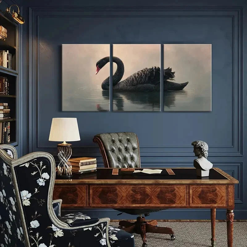 3pcs Black Swan Graceful Pose Water Reflection Metal Print Ready to Hang Art