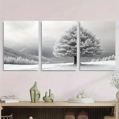 3pcs Serene Black and White Winter Snow Covered Metal Print Ready to Hang Art