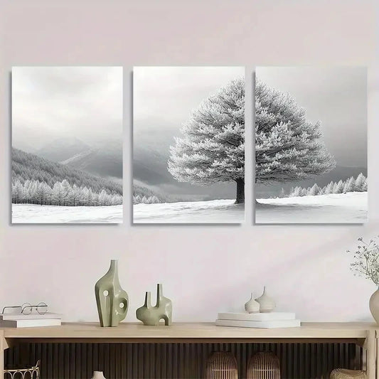 3pcs Serene Black and White Winter Snow Covered Metal Print Ready to Hang Art