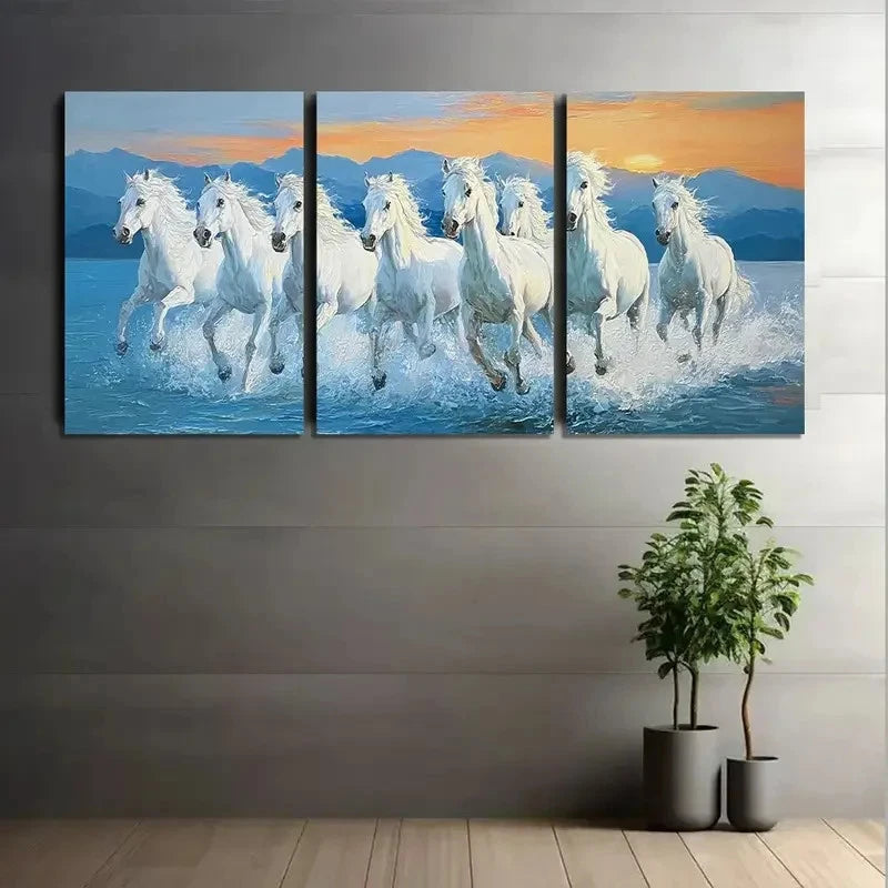 3pcs White Horses Galloping on the Sea Metal Print Ready to Hang Art