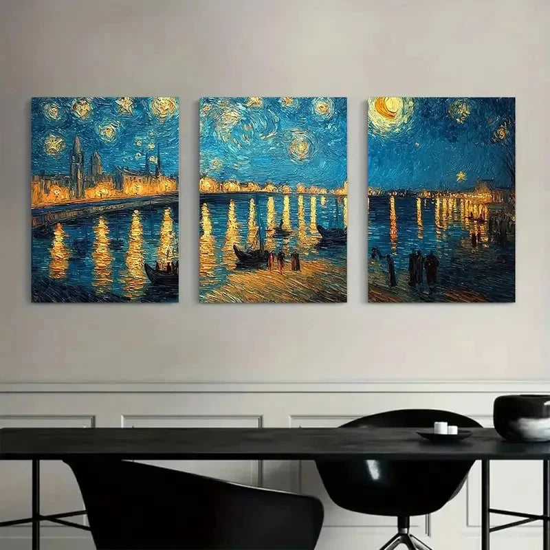 3pcs Starry Night in Vincent Van Gogh'S Style Metal Print Ready to Hang Art