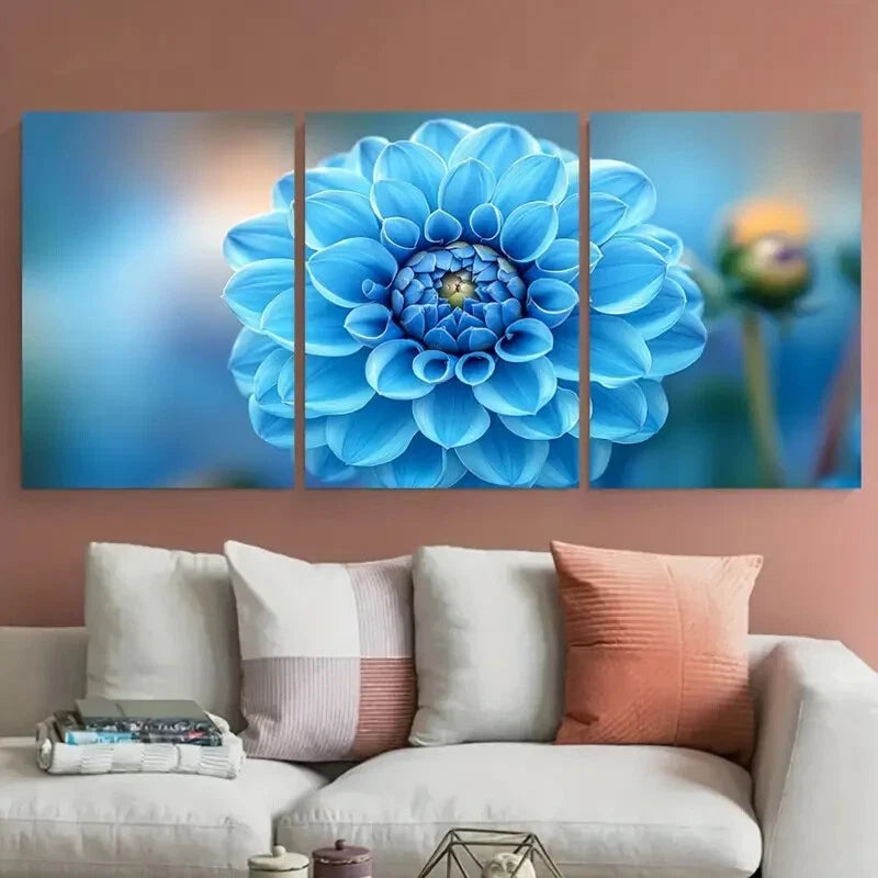 3pcs Cyan Blue Dahlia Flower Macro Floral Design Metal Print Ready to Hang Art