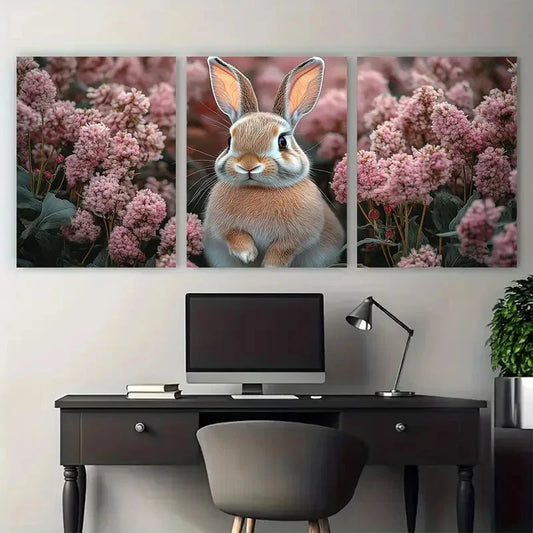3pcs Pink Floral Bunny Illustration Wall Art Set Canvas Framed 50x70cm - High Quality Print 100% Australian Made Wall Canvas Ready to Hang