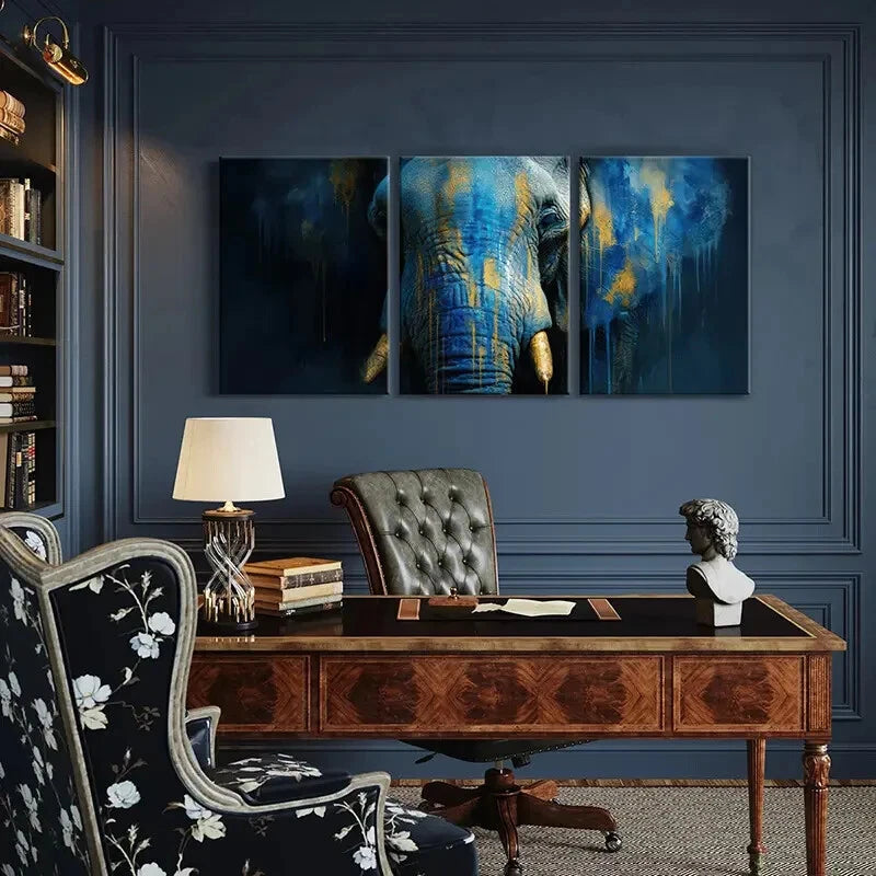 3pcs Abstract Elephant Art Blue Yellow Splash Metal Print Ready to Hang Art