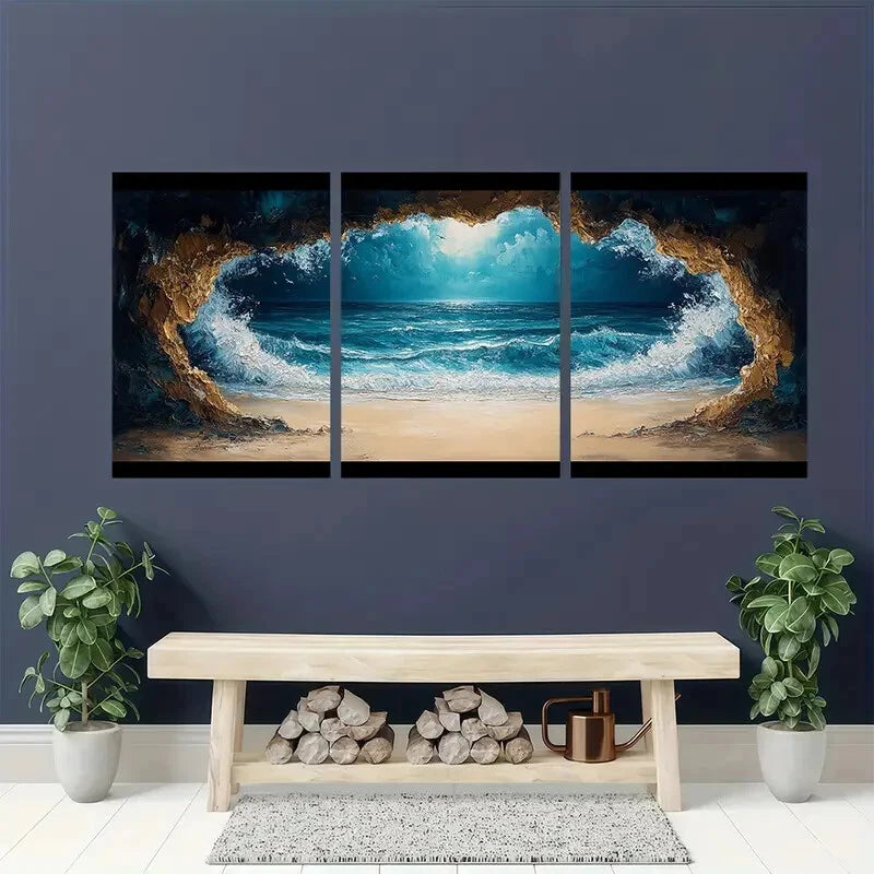 3pcs Coastline Ocean Waves & Beach Vibes Art Metal Print Ready to Hang Art