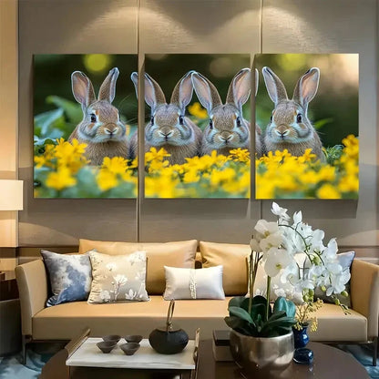 3pcs Adorable Rabbit Quartet in Yellow Wildflowers Metal Print Ready to Hang Art