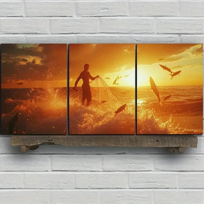 3pcs Fishermen Casting Nets Painting Metal Print Ready to Hang Art